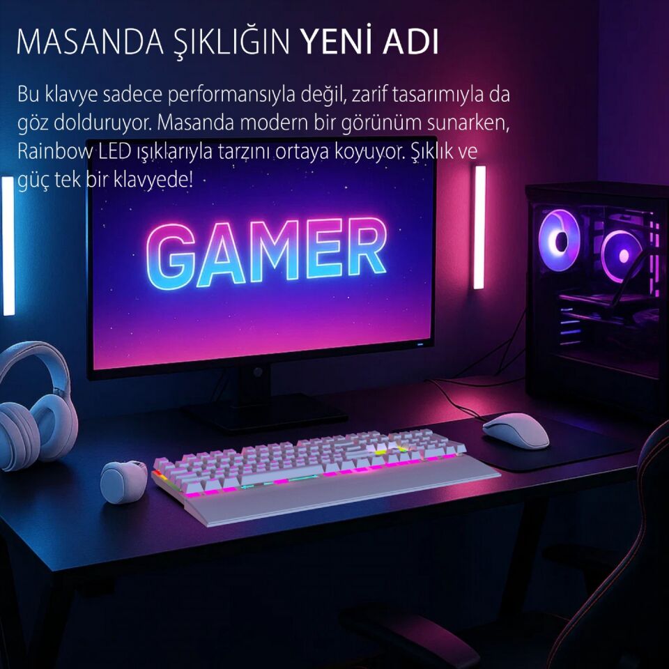 Inca IKG-456 Mekanik Klavye | Blue Switch, 19 Rainbow Led, Full Anti-Ghosting, Mıknatıslı Bilek Desteği