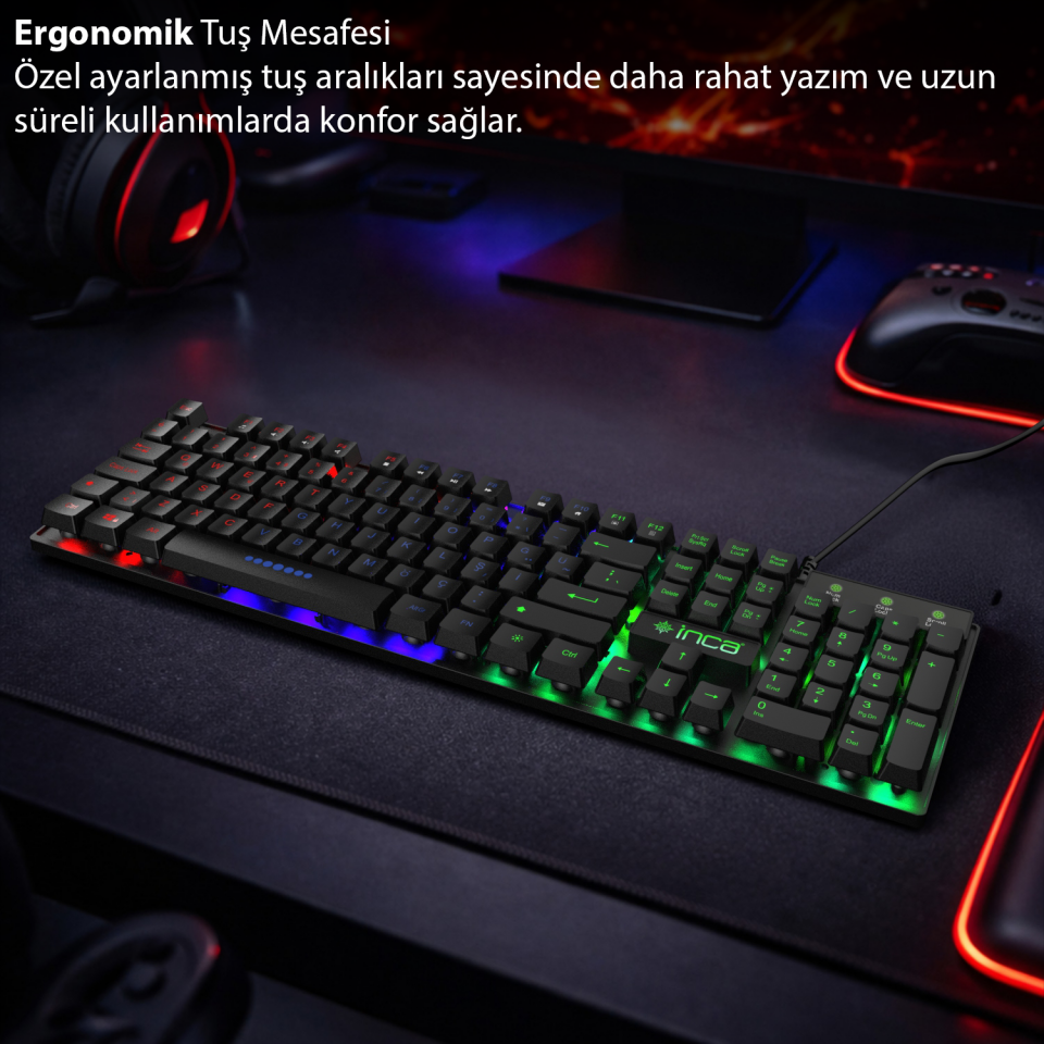 IKG-446 105 Tuş Aydınlatmalı Kablolu Klavye | USB 2.0 3 Renk Arka Işık Türkçe Tuş Dizilimi