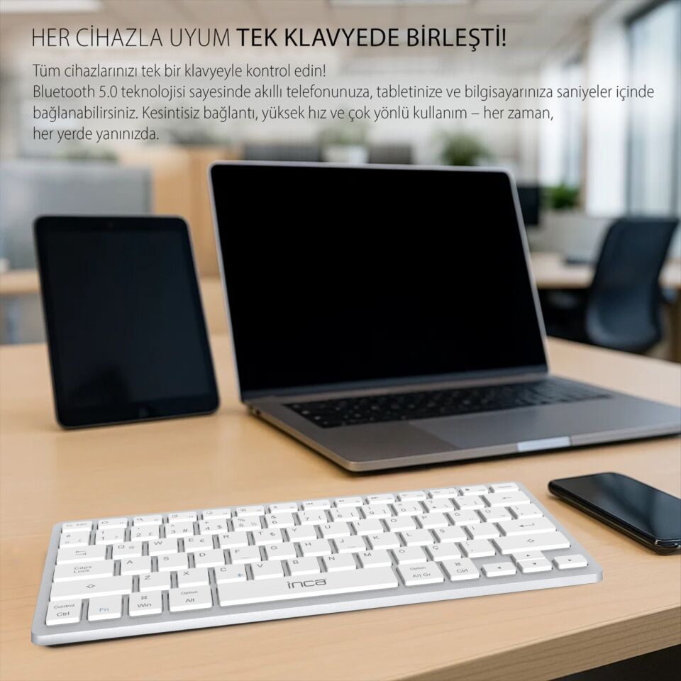 Inca IBK-565BT Bluetooth 5.0 Şarj Edilebilir Akıllı Gümüş Klavye