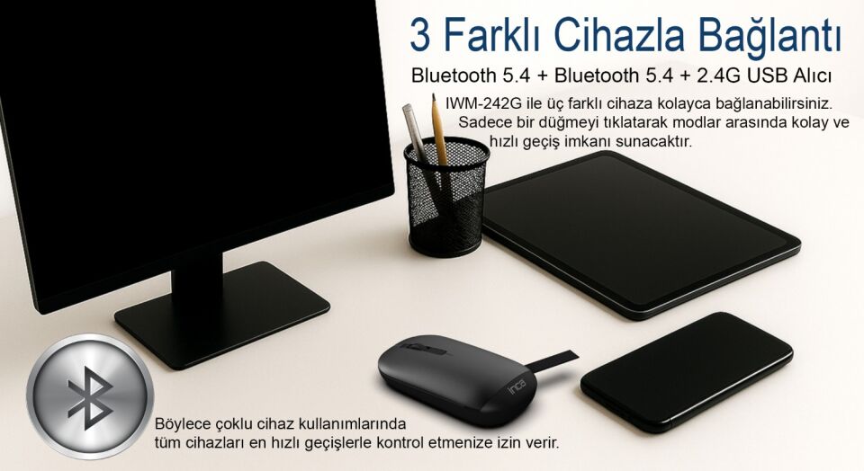 IWM-242 Bluetooth + 2.4G Kablosuz Çift Mod Şarjlı Sessiz Mouse Siyah
