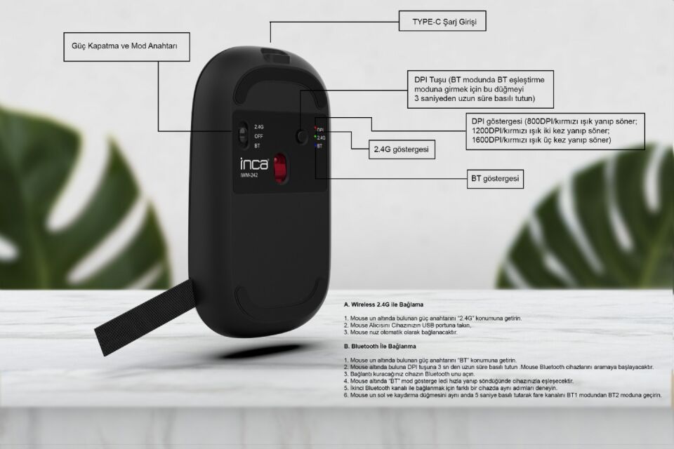 IWM-242 Bluetooth + 2.4G Kablosuz Çift Mod Şarjlı Sessiz Mouse Siyah