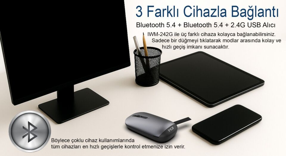 IWM-242 Bluetooth + 2.4G Kablosuz Çift Mod Şarjlı Sessiz Mouse Gri