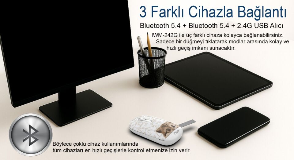 IWM-242 Bluetooth + 2.4G Kablosuz Çift Mod Şarjlı Sessiz Mouse Çok Renkli 