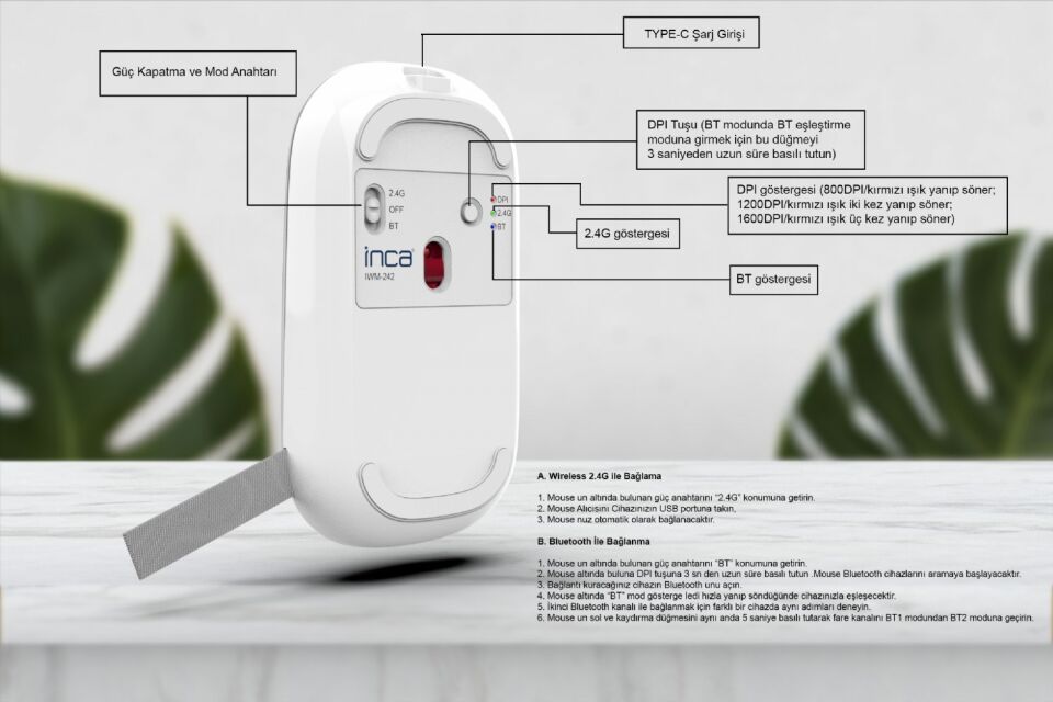 IWM-242 Bluetooth + 2.4G Kablosuz Çift Mod Şarjlı Sessiz Mouse Çok Renkli 