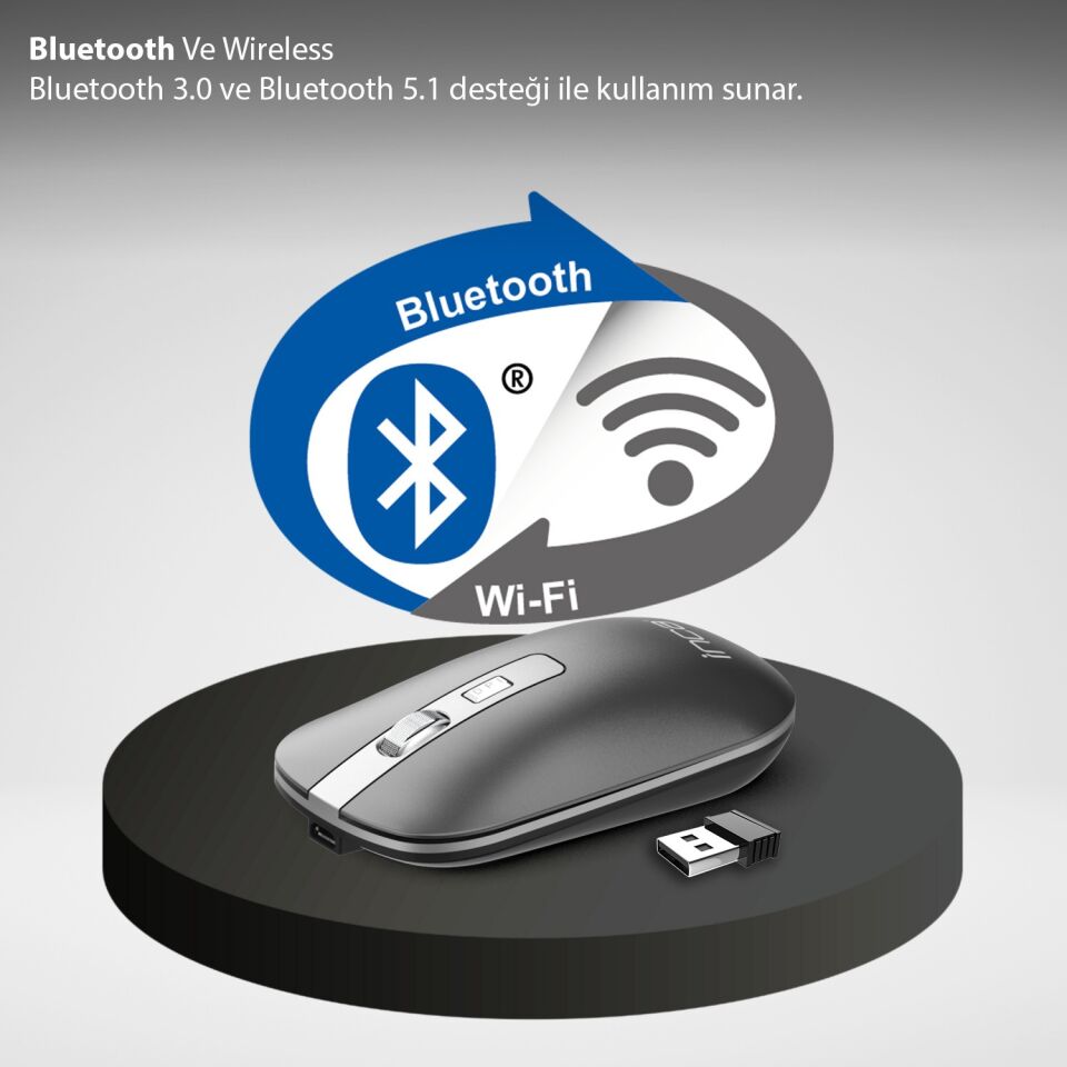 IWM-531R Bluetooth + 2.4G Çift Mod Kablosuz Optik Mouse | Sessiz Tıklama 1600 DPI Şarjlı Gri