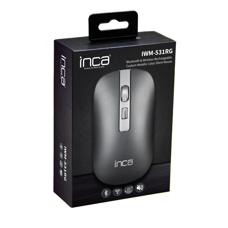 IWM-531R Bluetooth + 2.4G Çift Mod Kablosuz Optik Mouse | Sessiz Tıklama 1600 DPI Şarjlı Gri