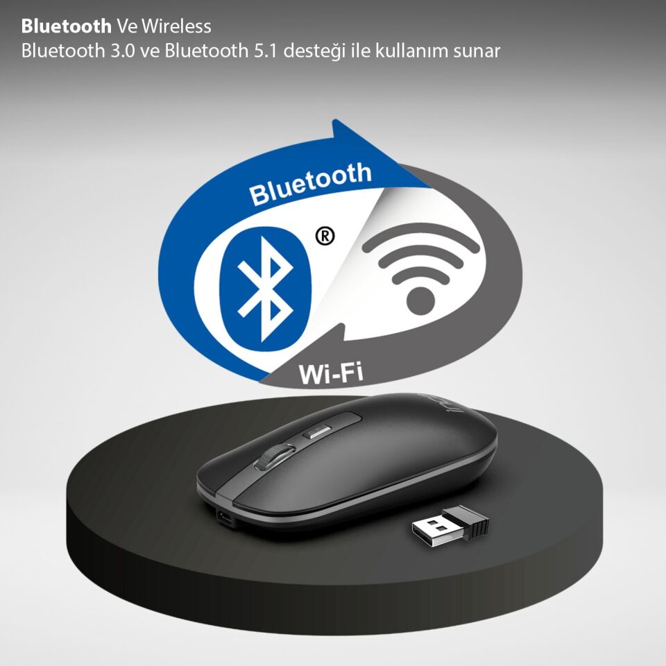 IWM-531R Bluetooth + 2.4G Çift Mod Kablosuz Optik Mouse | Sessiz Tıklama 1600 DPI Şarjlı Antrasit