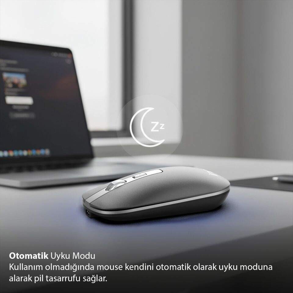 IWM-531R Bluetooth + 2.4G Çift Mod Kablosuz Optik Mouse | Sessiz Tıklama 1600 DPI Şarjlı Antrasit