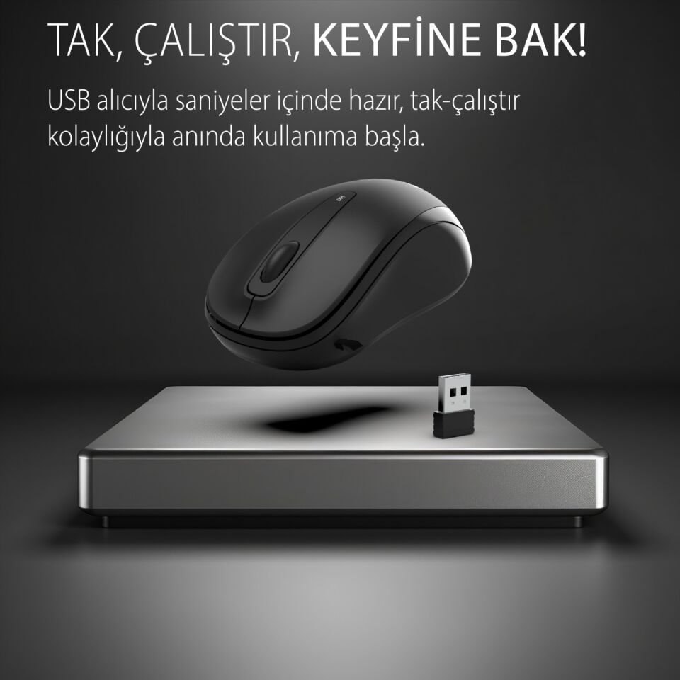 IWM-331R Sessiz Tuş Kablosuz Mouse 1600 DPI | Nano USB Uzun Pil Ömürlü Siyah