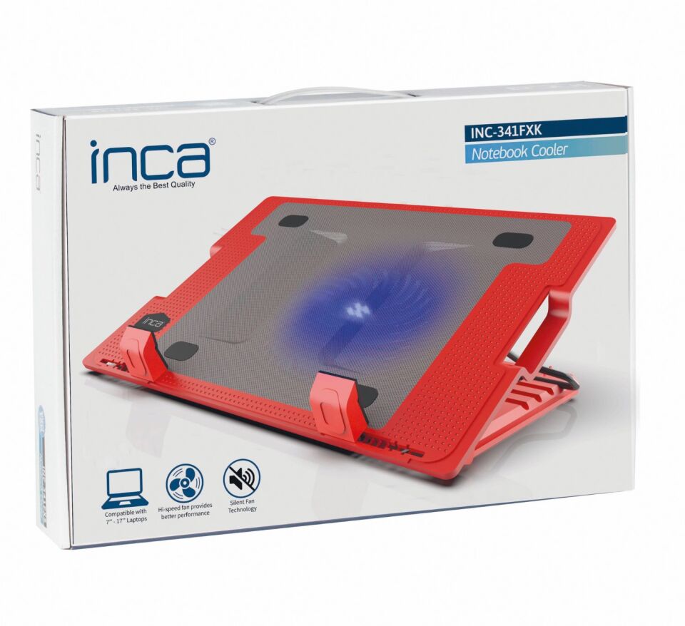 INC-341FX Yüksek Hava Akımlı 130mm LED Fanlı Metal Gaming Laptop Soğutucu | 20 CFM 1200 RPM Sessiz 10 dBA 15.6” Kırmızı 