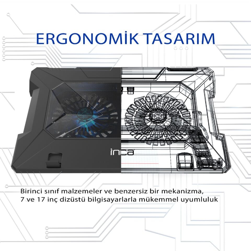 INC-321RX Yüksek Hava Akımlı Çift 140mm Fanlı Gaming Laptop Soğutucu | 70 CFM 1000 RPM On/Off Tuşlu Anti-Slip