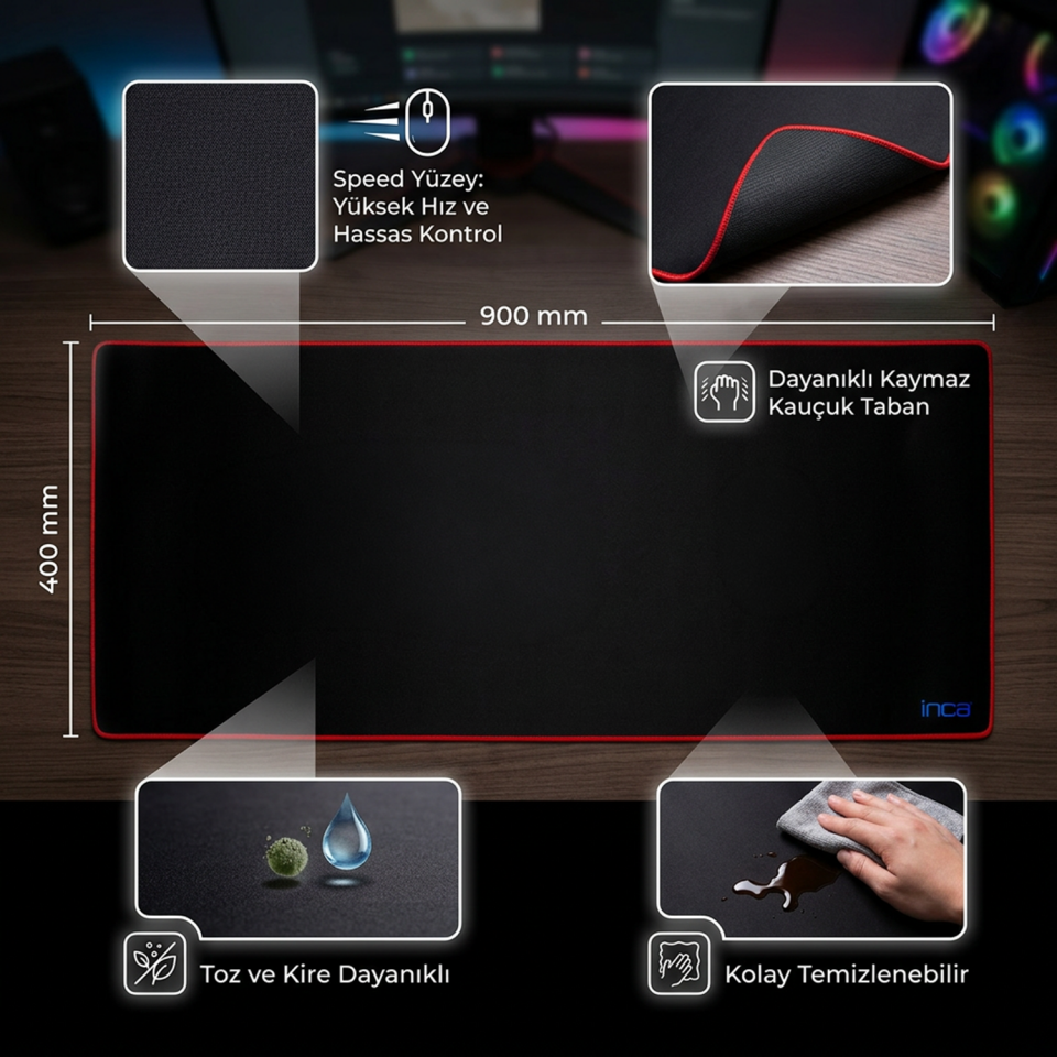 IMP-018 900×400 mm Speed Yüzey Kaymaz Kauçuk Taban Mousepad Kırmızı 