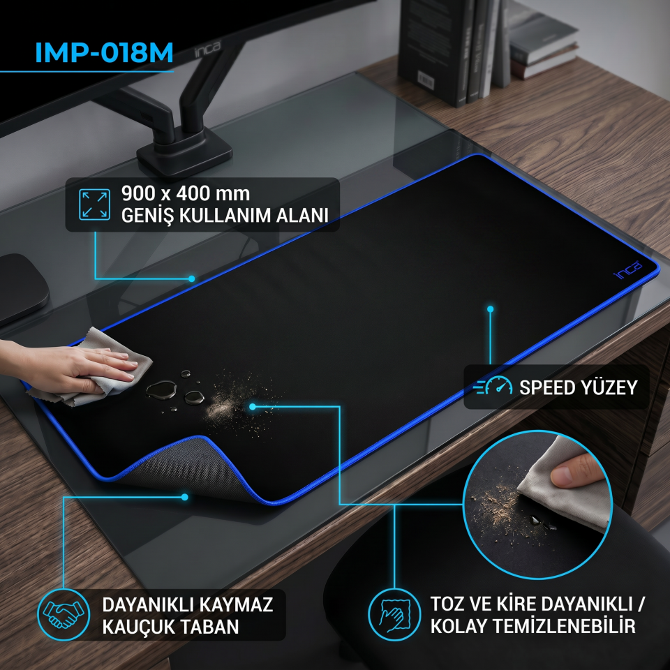 IMP-018 900×400 mm Speed Yüzey Kaymaz Kauçuk Taban Mousepad Mavi