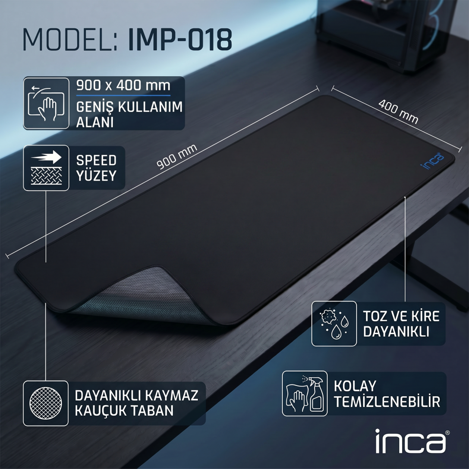IMP-018 900×400 mm Speed Yüzey Kaymaz Kauçuk Taban Mousepad Siyah