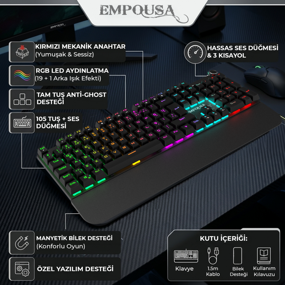 IKG-458 RGB Mekanik Gaming Klavye | Red Switch Bilek Destekli Anti-Ghosting Multimedya Tuşlu