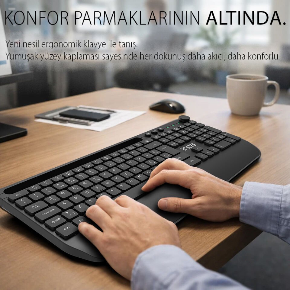 IBK-272QU Kablosuz Ofis Klavye | Çoklu Bağlantı Sessiz Bluetooth 5.0 + 2.4GHz 114 Tuş Tablet Standı