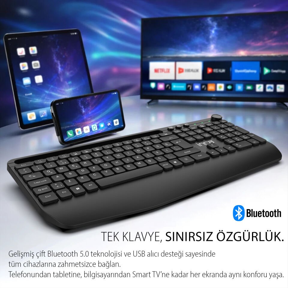 IBK-272QU Kablosuz Ofis Klavye | Çoklu Bağlantı Sessiz Bluetooth 5.0 + 2.4GHz 114 Tuş Tablet Standı