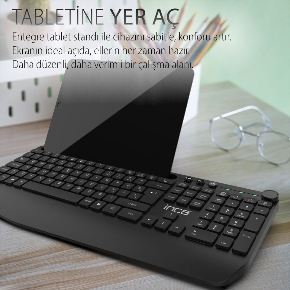 IBK-272QU Kablosuz Ofis Klavye | Çoklu Bağlantı Sessiz Bluetooth 5.0 + 2.4GHz 114 Tuş Tablet Standı