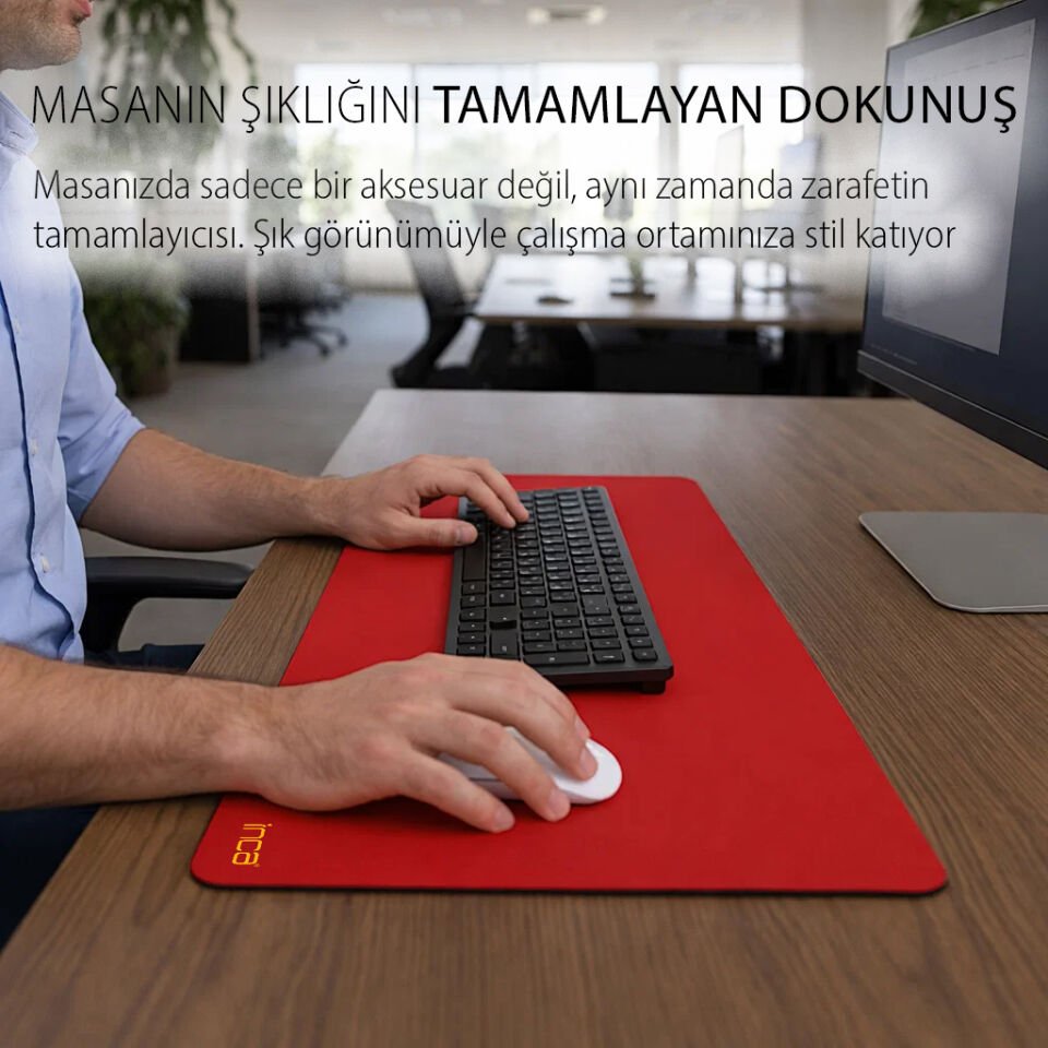 IMP-019 PU Deri Mousepad Çift Taraflı Masa Matı 80x30 Kaymaz Su Geçirmez Kırmızı 