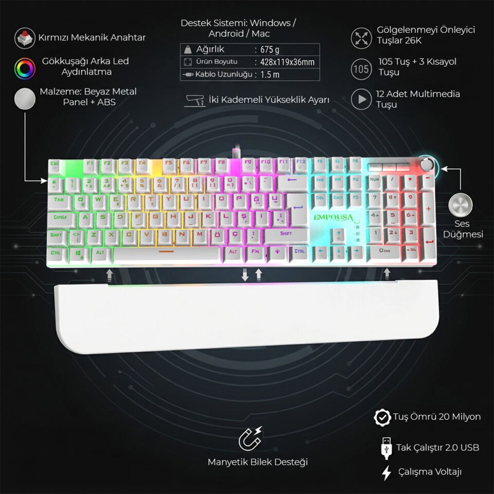 IKG-430T Mekanik Oyuncu Klavye | Red Switch RGB Led 17 Efekt Ses Düğmeli Anti Ghosting 105 Tuş
